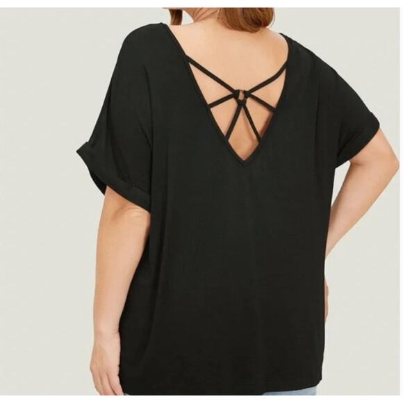 2/$25 1X 14 16 Plus Size BloomChic Black Rayon Spandex V-Neck Strappy Back Top - Picture 1 of 2